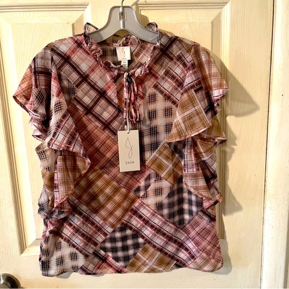 Joie Women’s Multicolored Plaid Patchwork Ruffled Sleeve Blouse Size Small. NWT.
